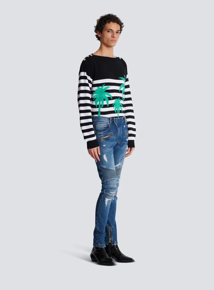 Balmain Denim Men Biker Jeans In Faded Denim Blue