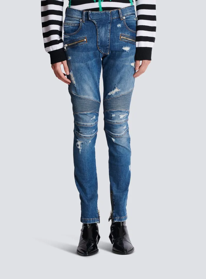 Balmain Denim Men Biker Jeans In Faded Denim Blue