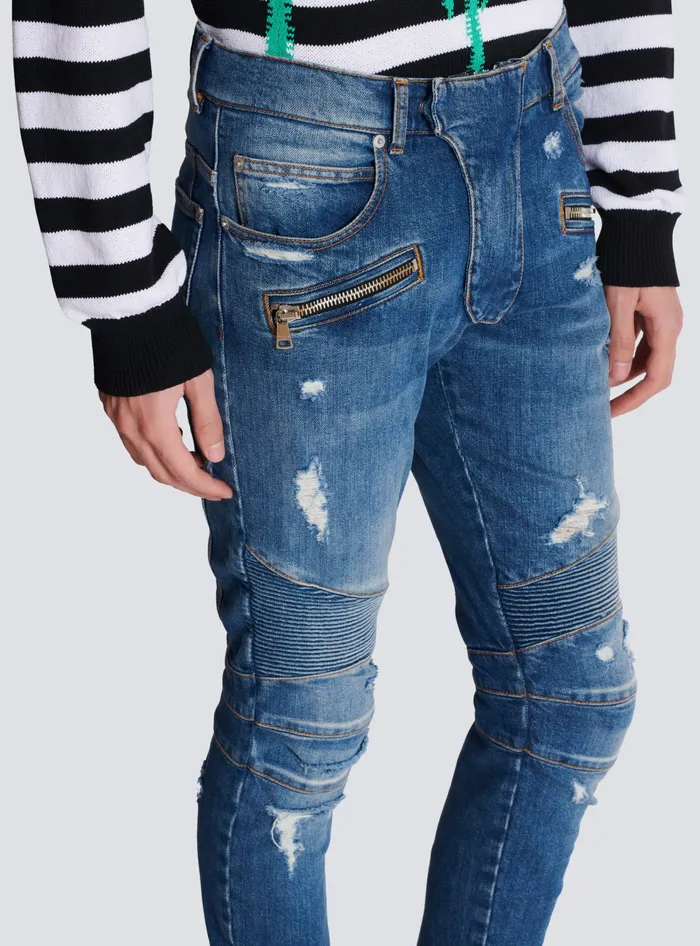 Balmain Denim Men Biker Jeans In Faded Denim Blue