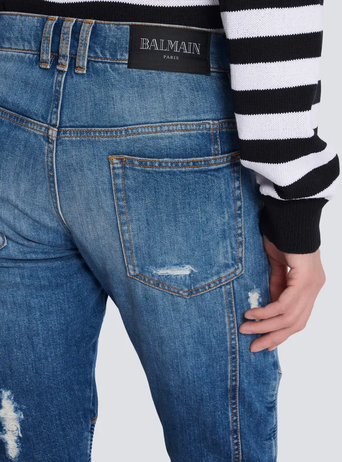 Balmain Denim Men Biker Jeans In Faded Denim Blue