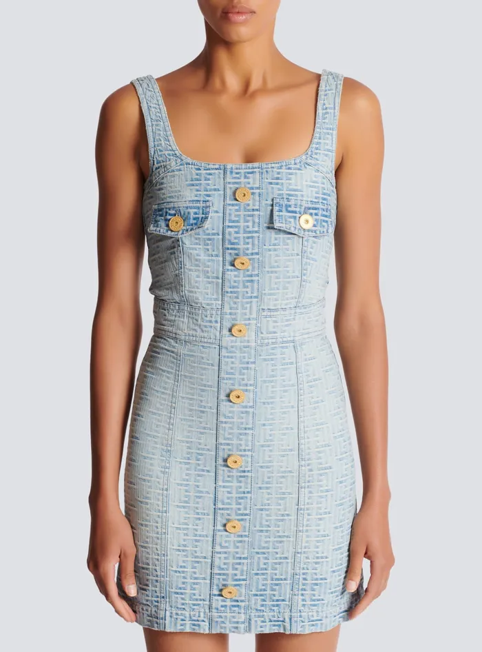 Balmain Denim Women Monogrammed Short Denim Dress Blue