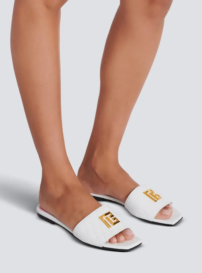 Balmain Flat Shoes Women Dafne Calfskin Mules With Embossed Diamond White