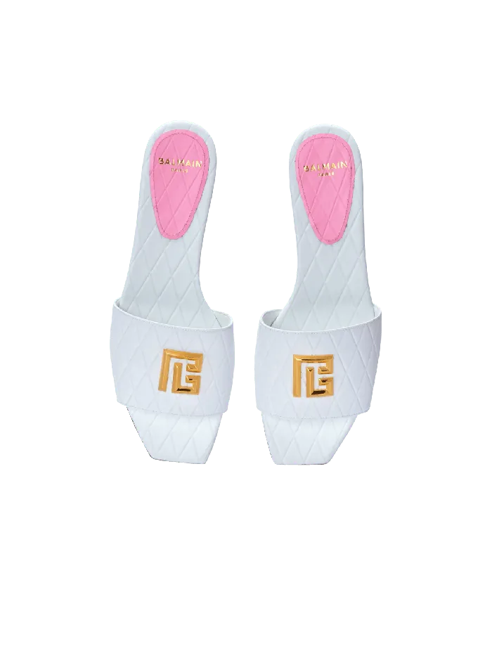 Balmain Flat Shoes Women Dafne Calfskin Mules With Embossed Diamond White