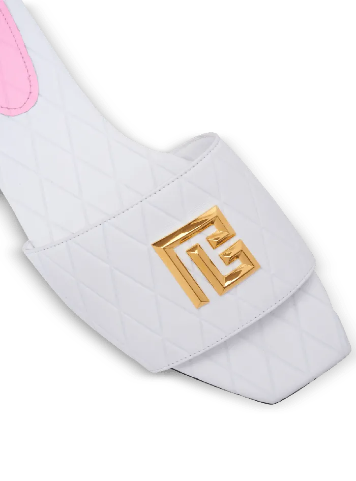 Balmain Flat Shoes Women Dafne Calfskin Mules With Embossed Diamond White