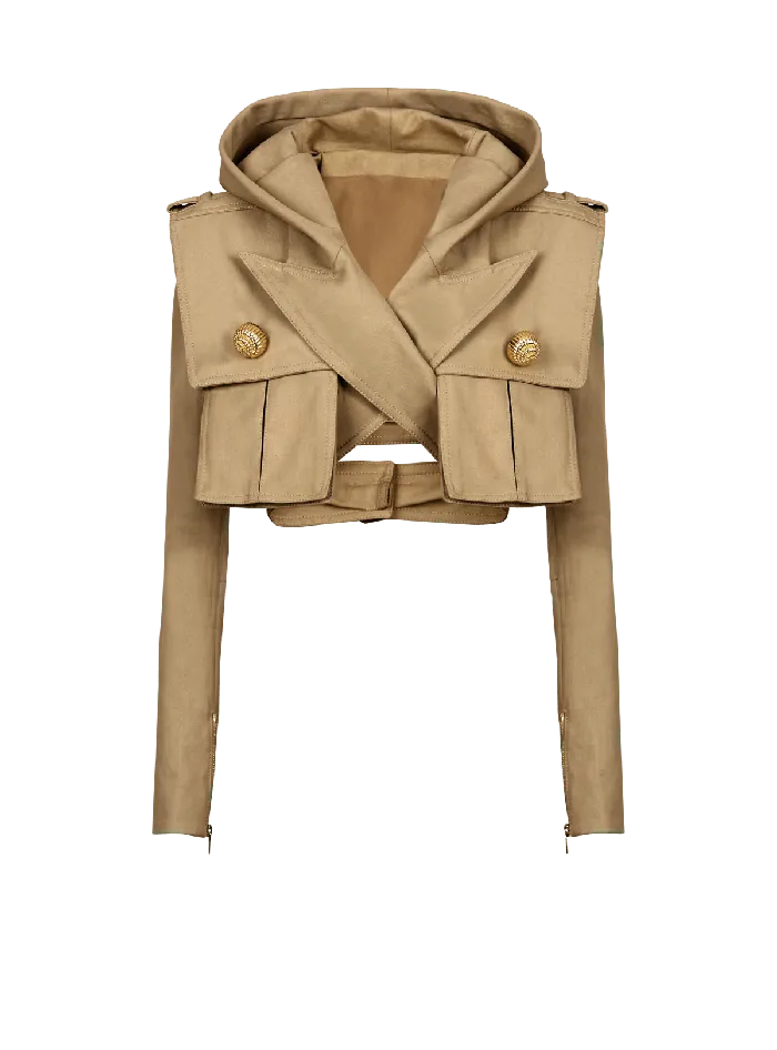 Balmain Jackets And Blazers Women Cotton Cropped Hooded Jacket Beige