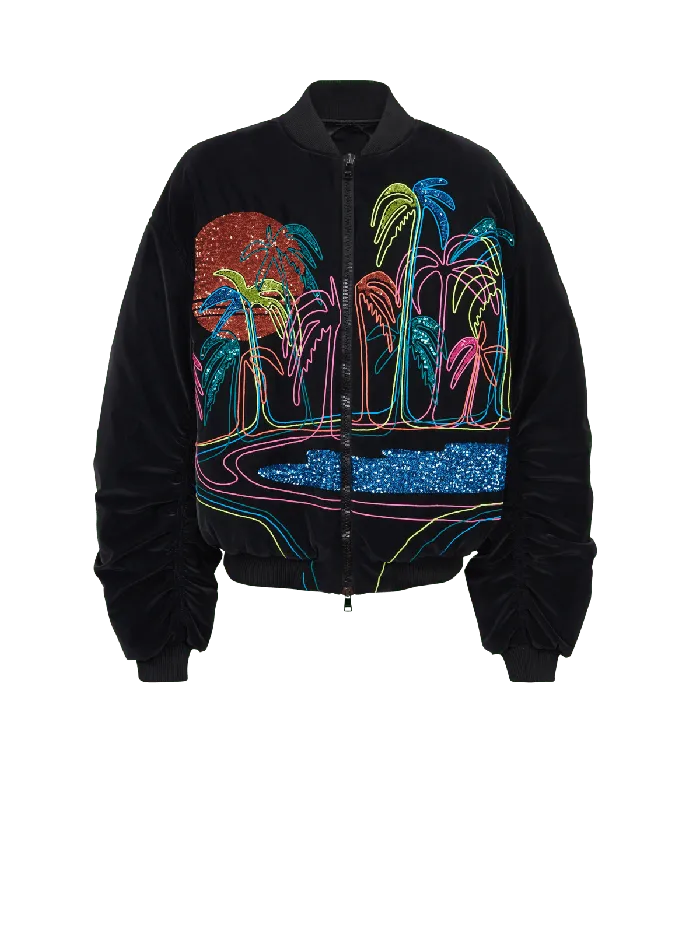 Balmain Outerwear Men Bomber Jacket With Palm Tree Embroidery Black