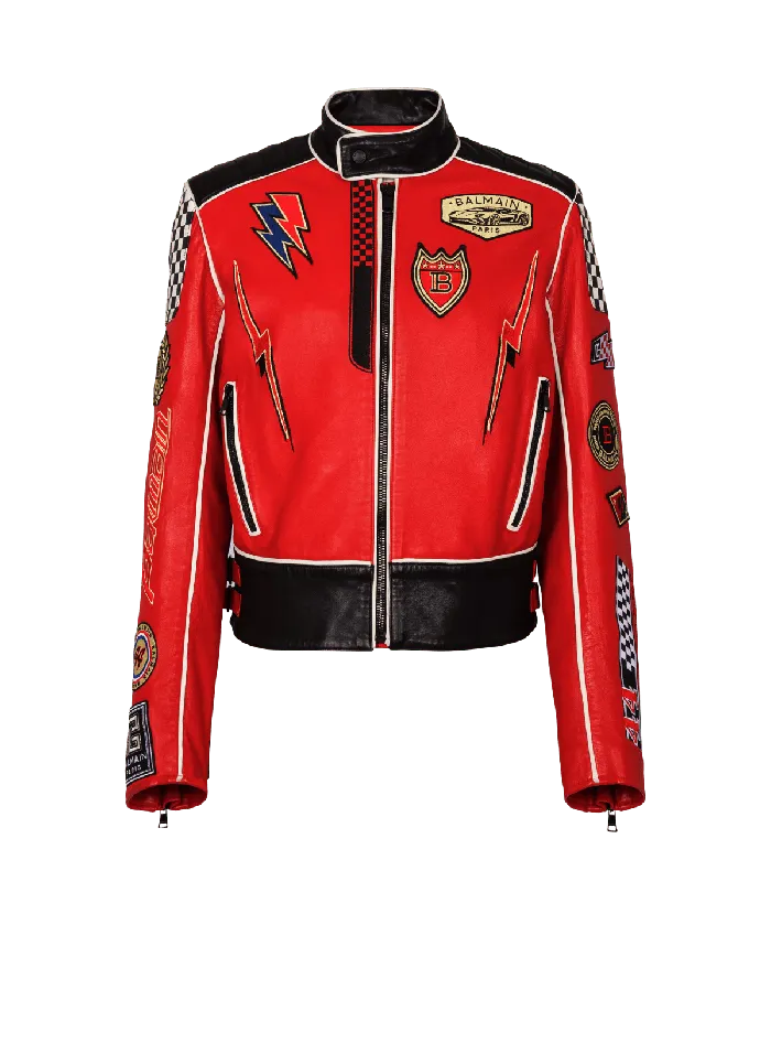 Balmain Outerwear Men Lambskin Jacket With Racing Patches Red