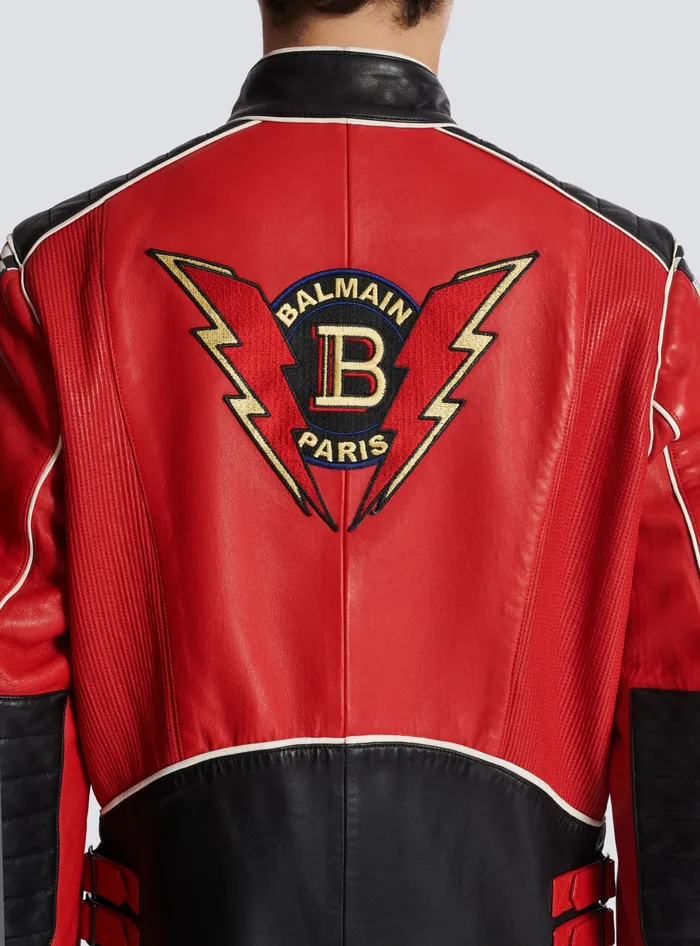 Balmain Outerwear Men Lambskin Jacket With Racing Patches Red