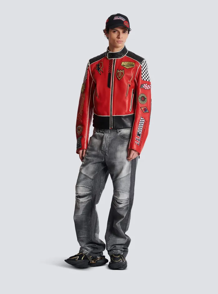 Balmain Outerwear Men Lambskin Jacket With Racing Patches Red