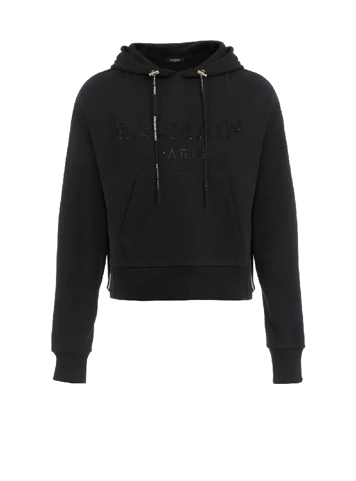 Balmain Sweatshirts Women Cropped Ecodesigned Cotton Sweatshirt With Rhinestone Logo Black