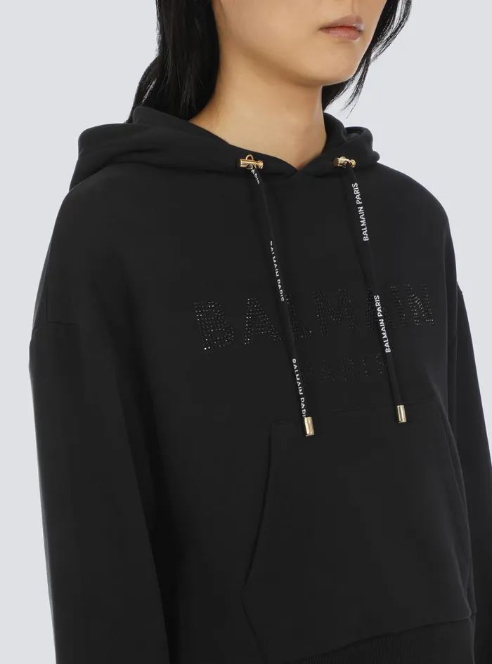 Balmain Sweatshirts Women Cropped Ecodesigned Cotton Sweatshirt With Rhinestone Logo Black