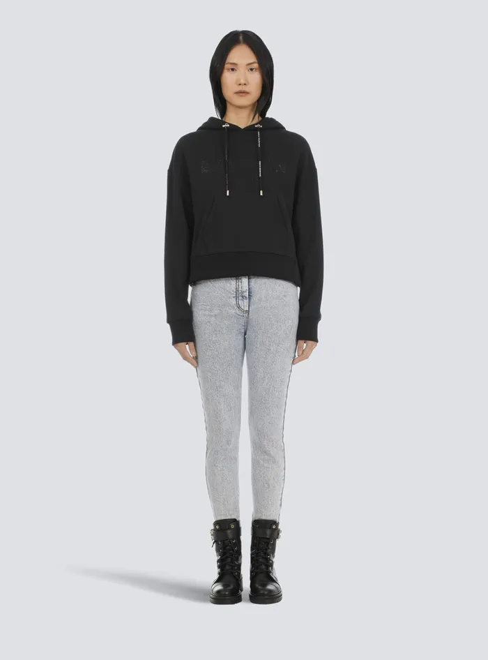 Balmain Sweatshirts Women Cropped Ecodesigned Cotton Sweatshirt With Rhinestone Logo Black