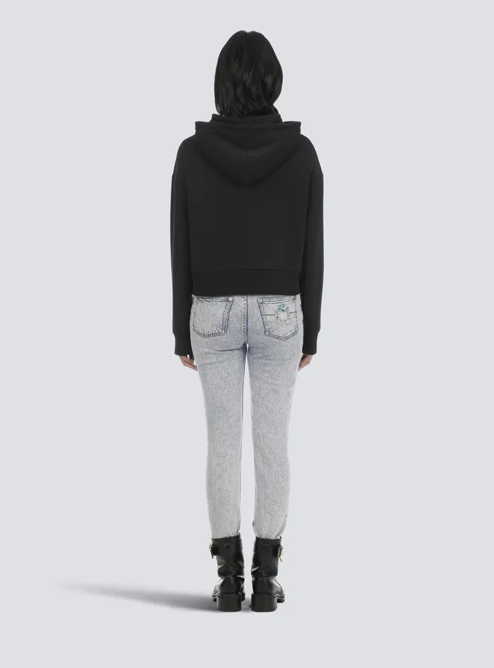 Balmain Sweatshirts Women Cropped Ecodesigned Cotton Sweatshirt With Rhinestone Logo Black