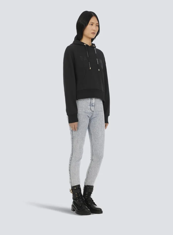 Balmain Sweatshirts Women Cropped Ecodesigned Cotton Sweatshirt With Rhinestone Logo Black