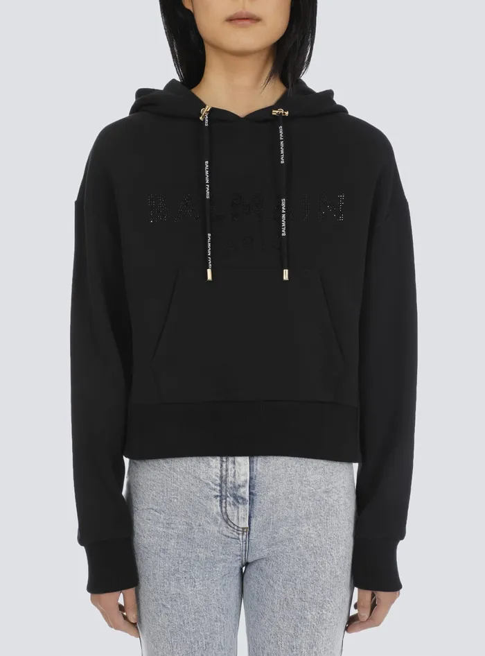 Balmain Sweatshirts Women Cropped Ecodesigned Cotton Sweatshirt With Rhinestone Logo Black