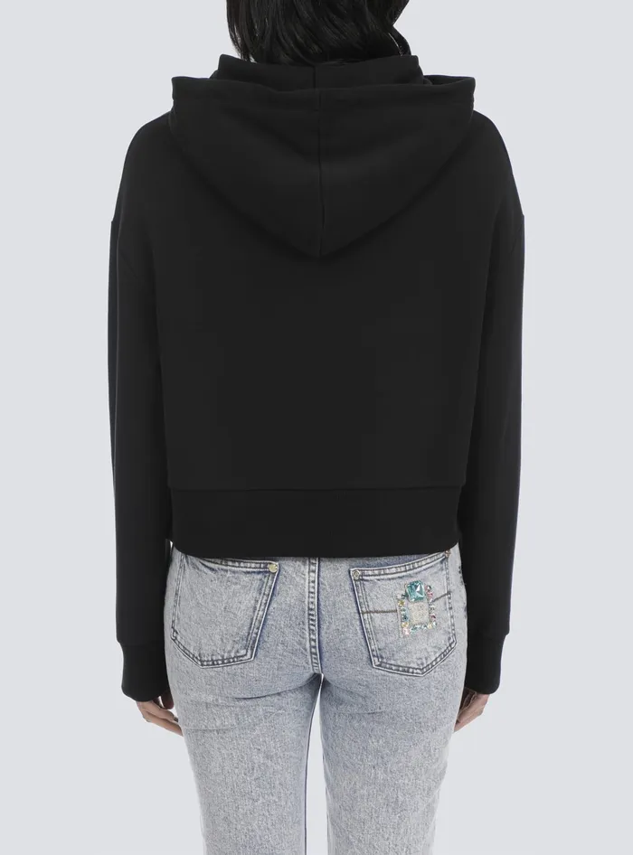 Balmain Sweatshirts Women Cropped Ecodesigned Cotton Sweatshirt With Rhinestone Logo Black