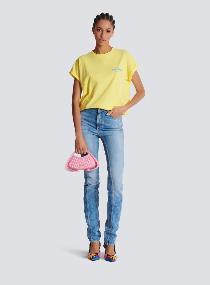 Balmain TShirts Women Tshirt With Flocked Paris Logo Yellow