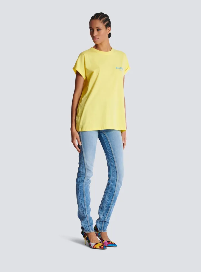 Balmain TShirts Women Tshirt With Flocked Paris Logo Yellow