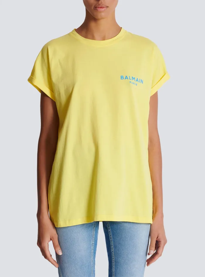 Balmain TShirts Women Tshirt With Flocked Paris Logo Yellow