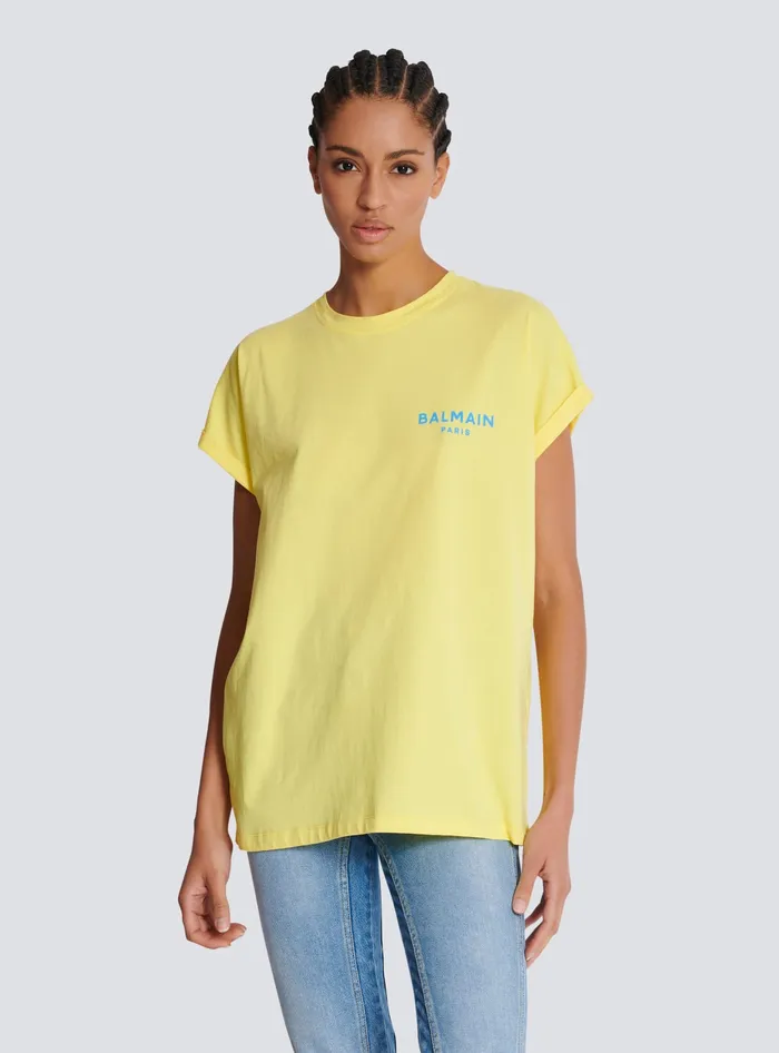 Balmain TShirts Women Tshirt With Flocked Paris Logo Yellow