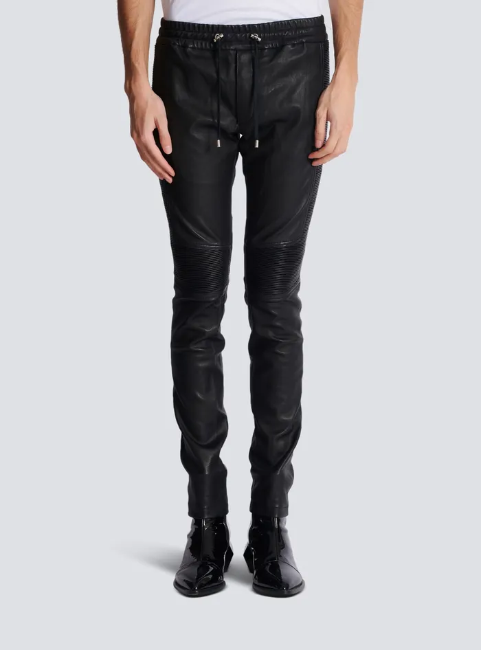 Balmain Trousers And Shorts Men Leather Biker Trousers Black