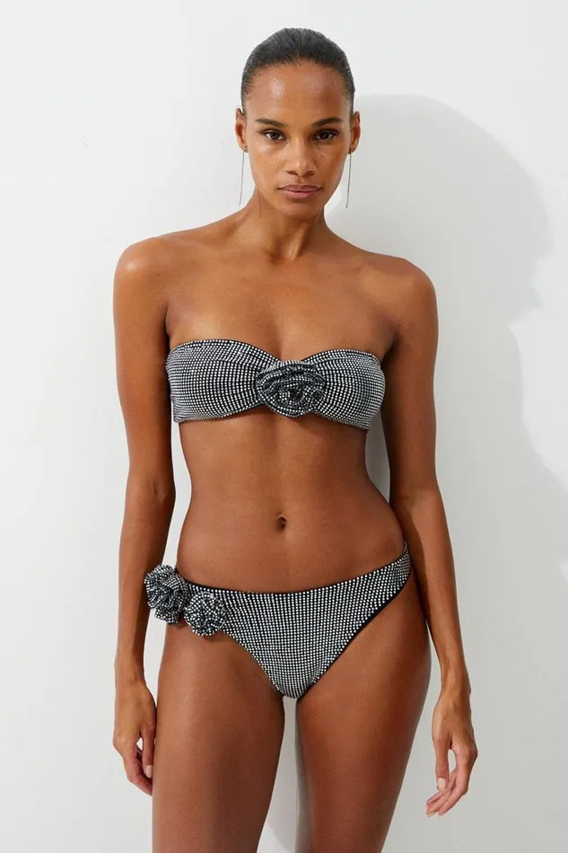 Beachwear Women Karen Millen Premium Embellished Rosette Bikini Bottoms Black