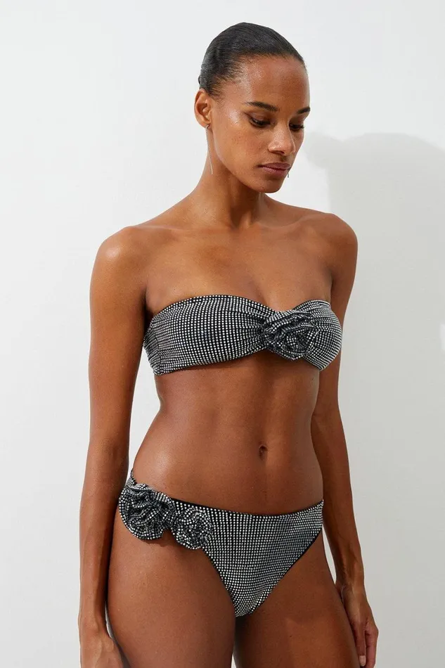 Beachwear Women Karen Millen Premium Embellished Rosette Bikini Bottoms Black