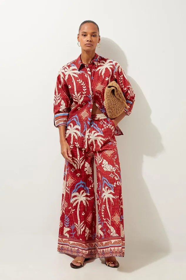 Beachwear Women Karen Millen Printed Cotton Voile Beach Trousers Rust