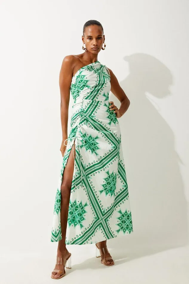 Beachwear Women Karen Millen Printed Cotton Voile One Shoulder Midi Dress Green