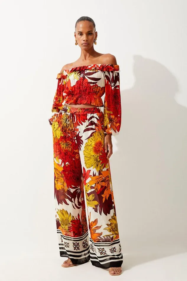 Beachwear Women Karen Millen Viscose Georgette Border Print Beach Wide Leg Trousers Orange