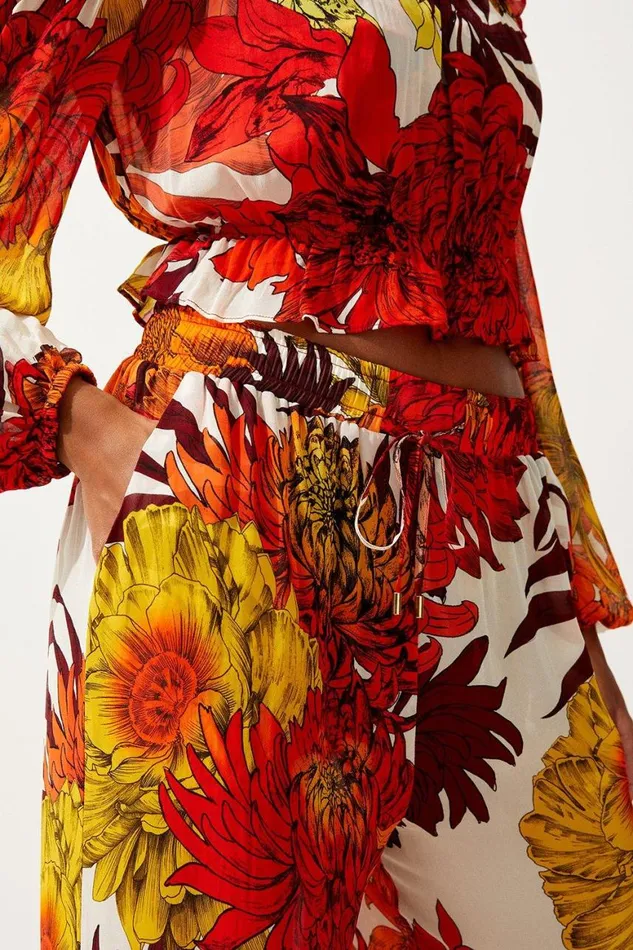 Beachwear Women Karen Millen Viscose Georgette Border Print Beach Wide Leg Trousers Orange