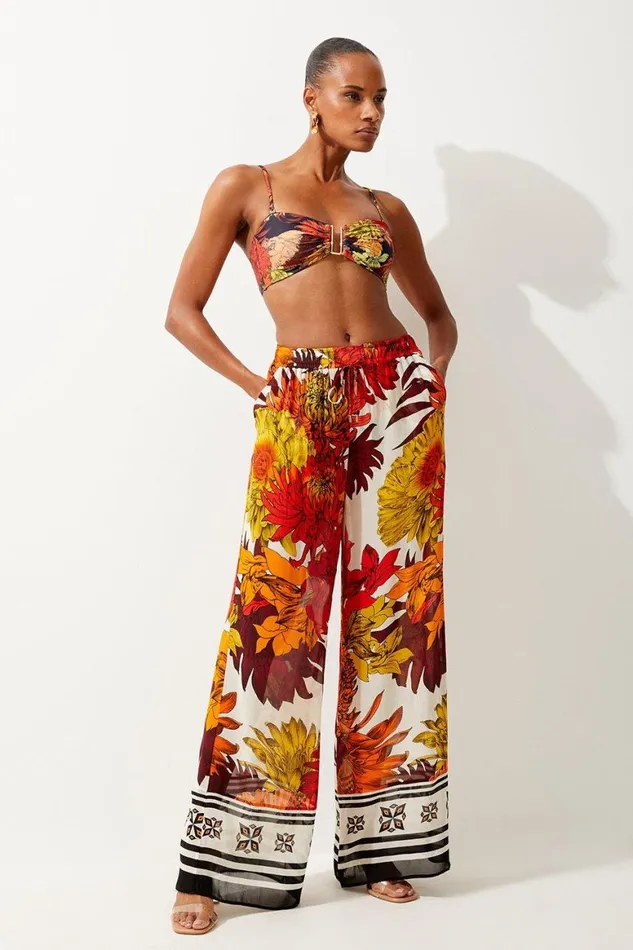 Beachwear Women Karen Millen Viscose Georgette Border Print Beach Wide Leg Trousers Orange