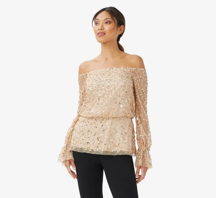 Beaded Dresses Womens Adrianna Papell HandBeaded OffTheShoulder Blouson Top In Champagne Gold Beaded Dresses Womens Adrianna Papell HandBeaded OffTheShoulder Blouson Top In Champagne Gold