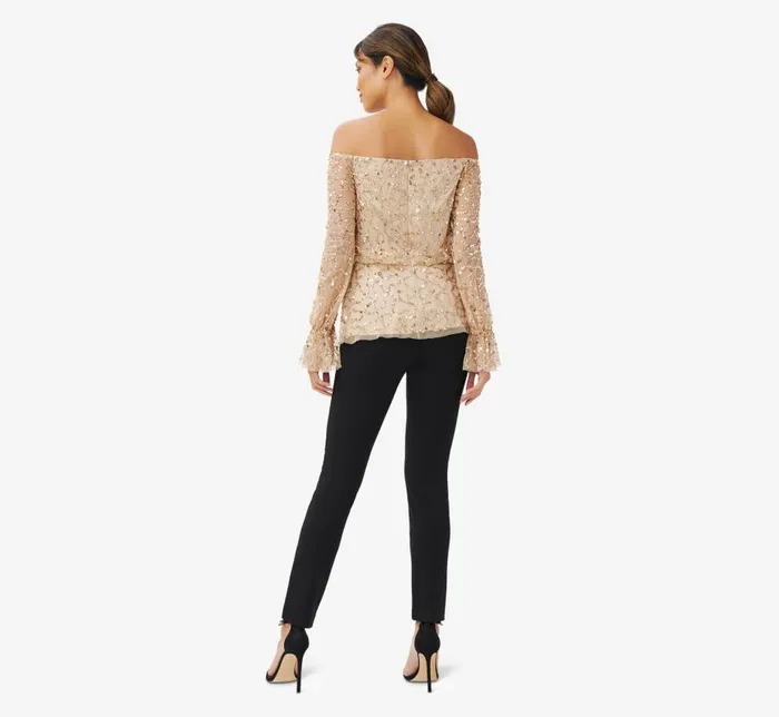 Beaded Dresses Womens Adrianna Papell HandBeaded OffTheShoulder Blouson Top In Champagne Gold