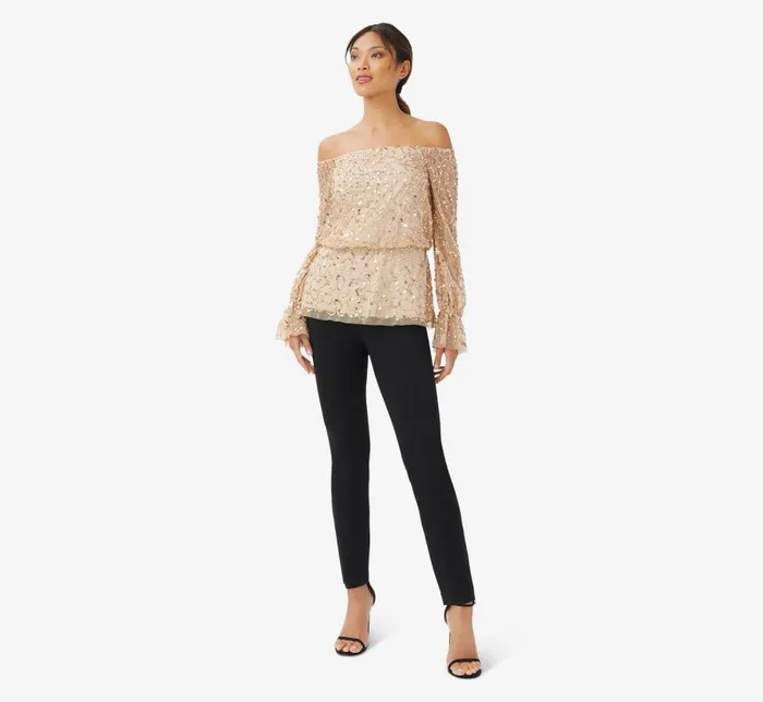 Beaded Dresses Womens Adrianna Papell HandBeaded OffTheShoulder Blouson Top In Champagne Gold