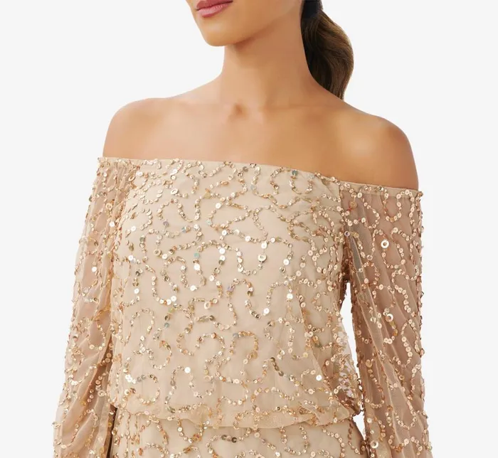 Beaded Dresses Womens Adrianna Papell HandBeaded OffTheShoulder Blouson Top In Champagne Gold