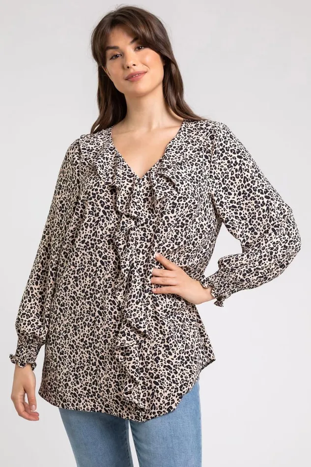 Beige Curve Animal Print Frill Detail Top Women Roman Tops