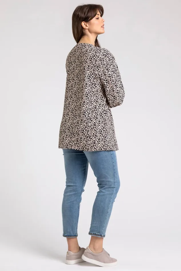 Beige Curve Animal Print Frill Detail Top Women Roman Tops