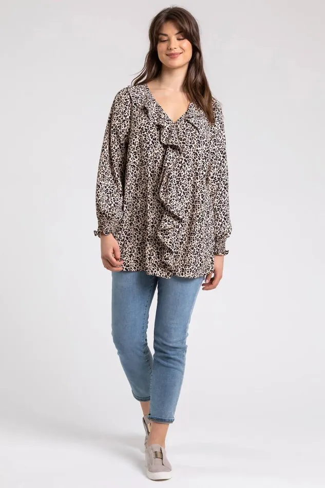 Beige Curve Animal Print Frill Detail Top Women Roman Tops