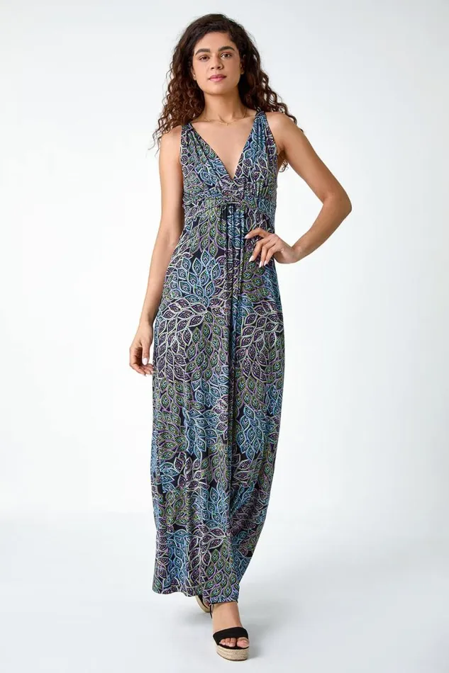 Black Abstract Animal Print Stretch Maxi Dress Women Roman Dresses