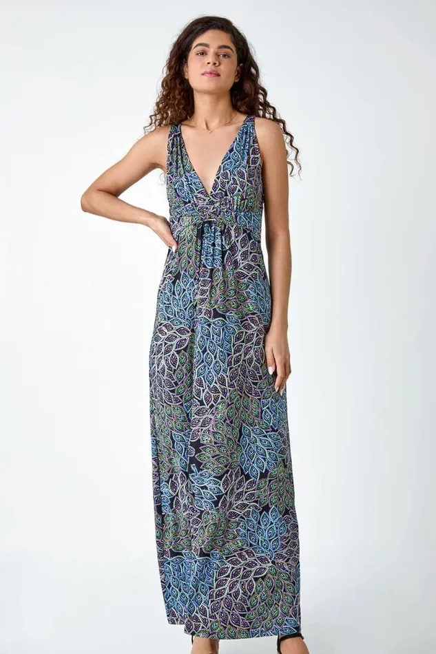 Black Abstract Animal Print Stretch Maxi Dress Women Roman Dresses