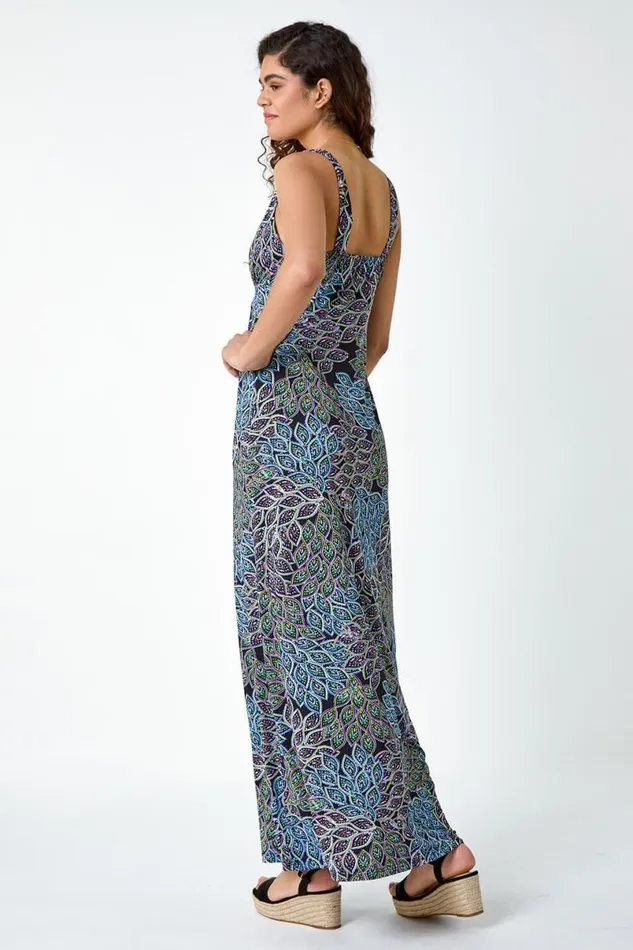 Black Abstract Animal Print Stretch Maxi Dress Women Roman Dresses