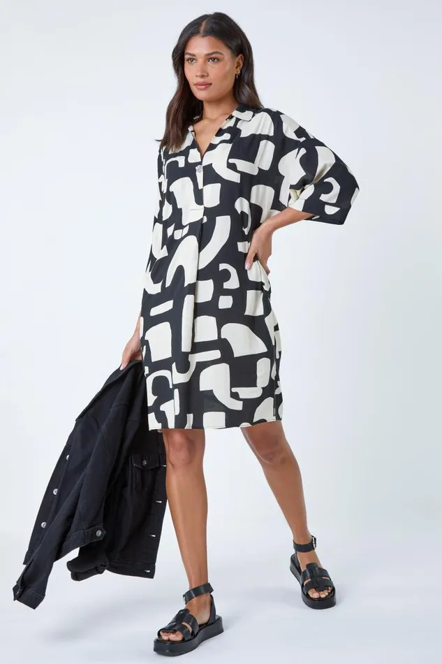 Black Abstract Pocket Detail Cocoon Shirt Dress Women Roman Dresses