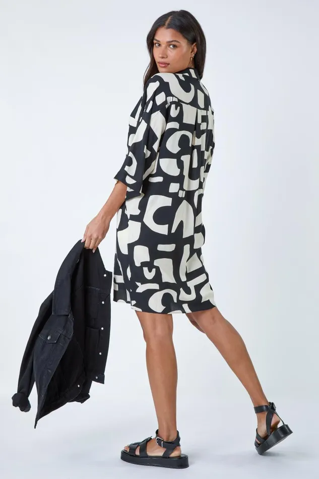 Black Abstract Pocket Detail Cocoon Shirt Dress Women Roman Dresses