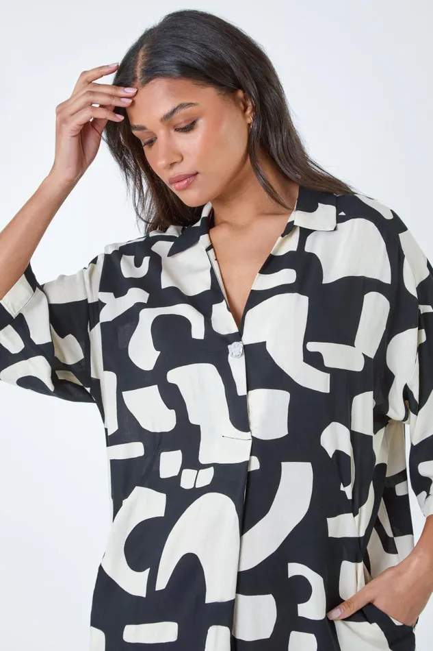 Black Abstract Pocket Detail Cocoon Shirt Dress Women Roman Dresses