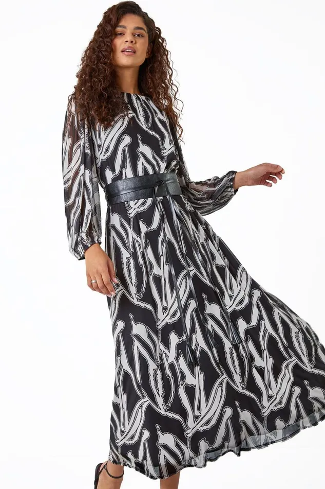 Black Abstract Print Belted Midi Stretch Dress Women Roman Dresses