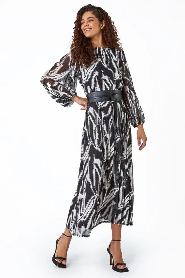 Black Abstract Print Belted Midi Stretch Dress Women Roman Dresses