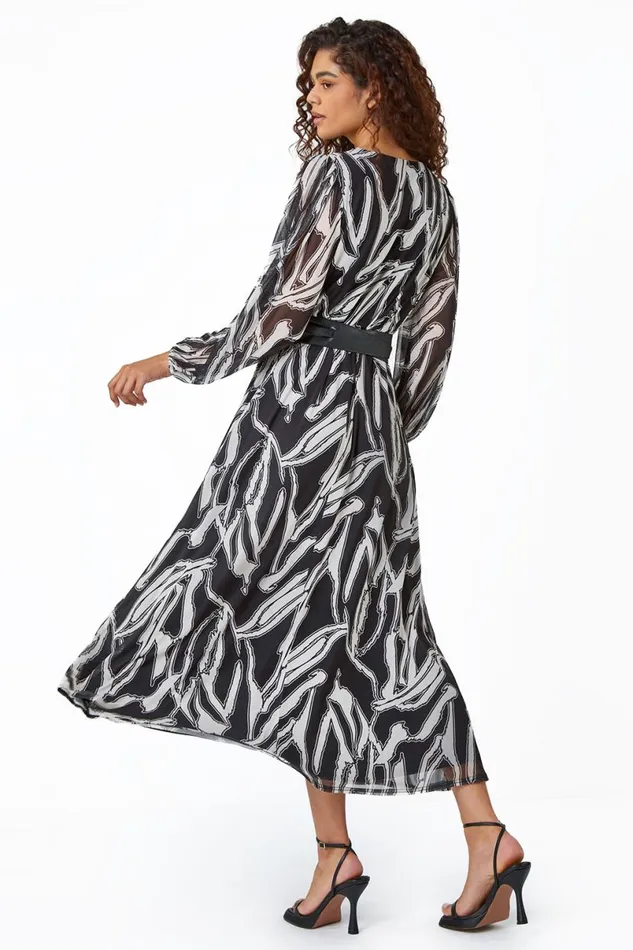 Black Abstract Print Belted Midi Stretch Dress Women Roman Dresses