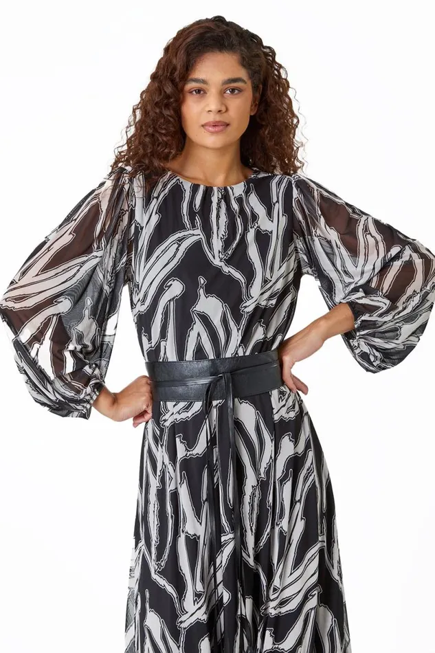 Black Abstract Print Belted Midi Stretch Dress Women Roman Dresses