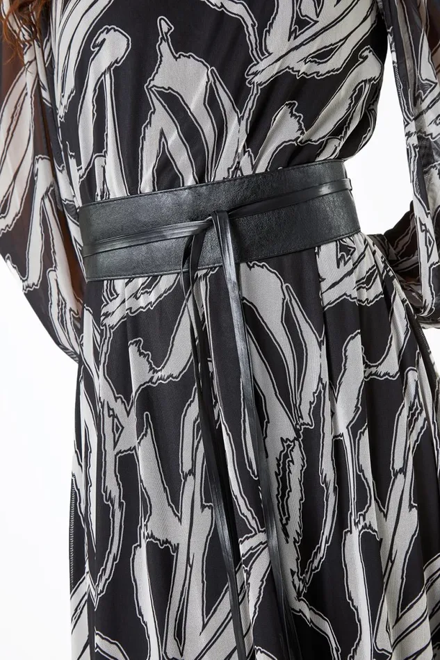 Black Abstract Print Belted Midi Stretch Dress Women Roman Dresses